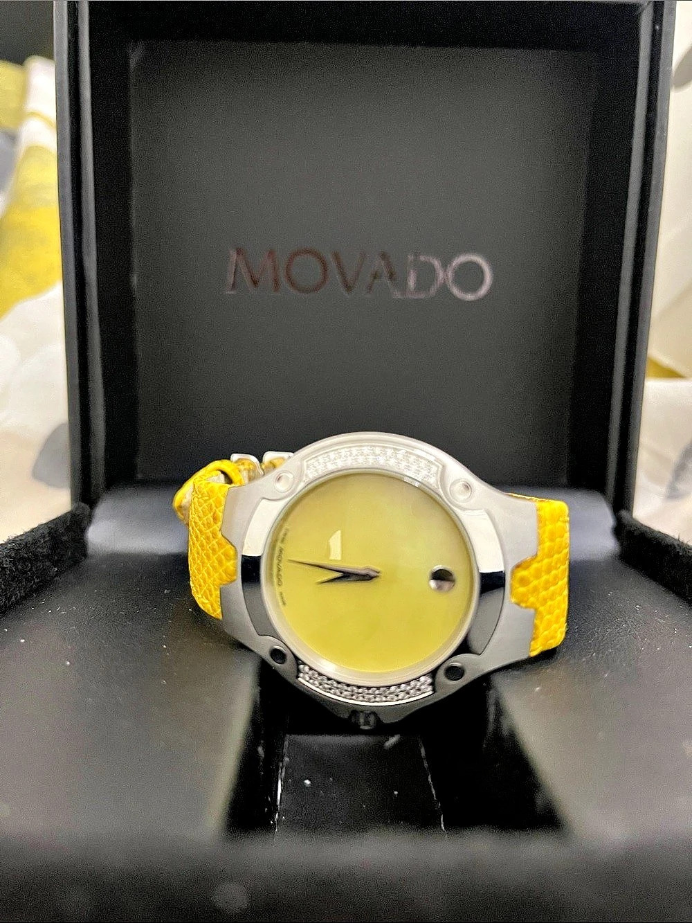 Movado Sports Edition Diamond Yellow Lizard Strap Watch Yellow Dial Watch NWT